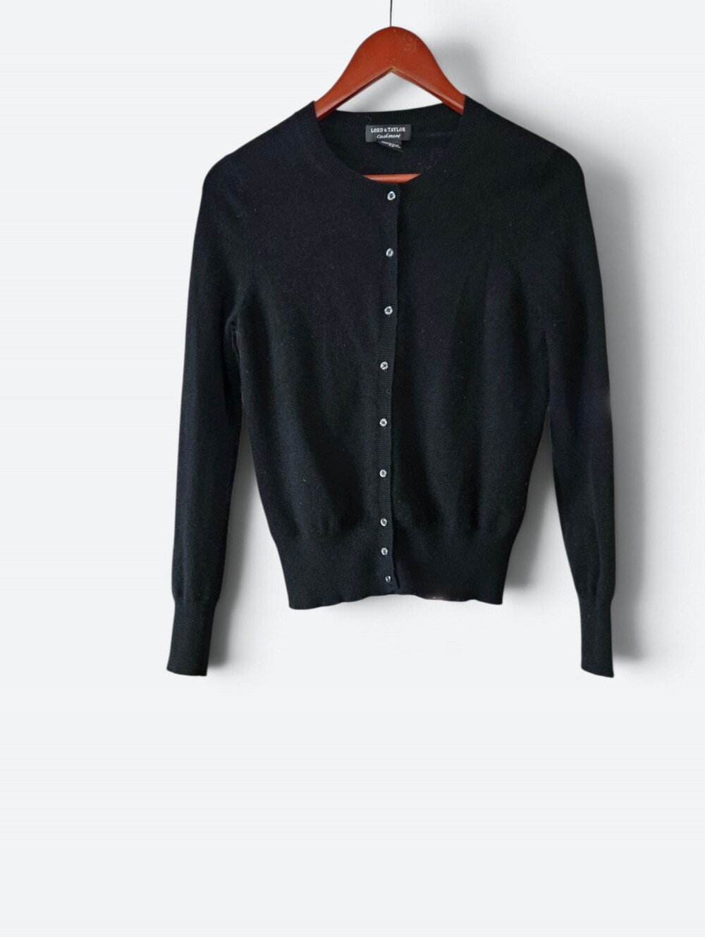 Lord & Taylor 100% Cashmere Soft Button Up Crew Neck Cardigan Sweater in Black S